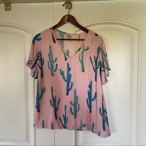 Cactus Print Pink T-Shirt Blouse